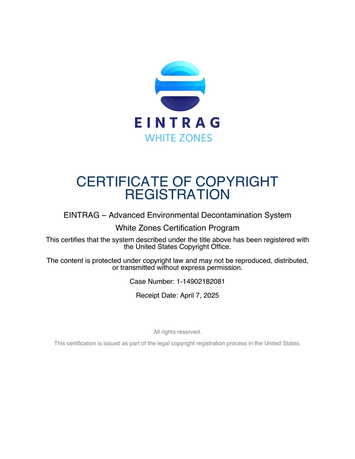 Certificado de registro de copyright de EINTRAG – Advanced Environmental Decontamination System, White Zones Certification Program, emitido por la Oficina del Copyright de los Estados Unidos.